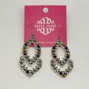 Sassy Jones Malia Glass Dangle Peacock Rhinestone Silver Tone Hook Drop Earrings
